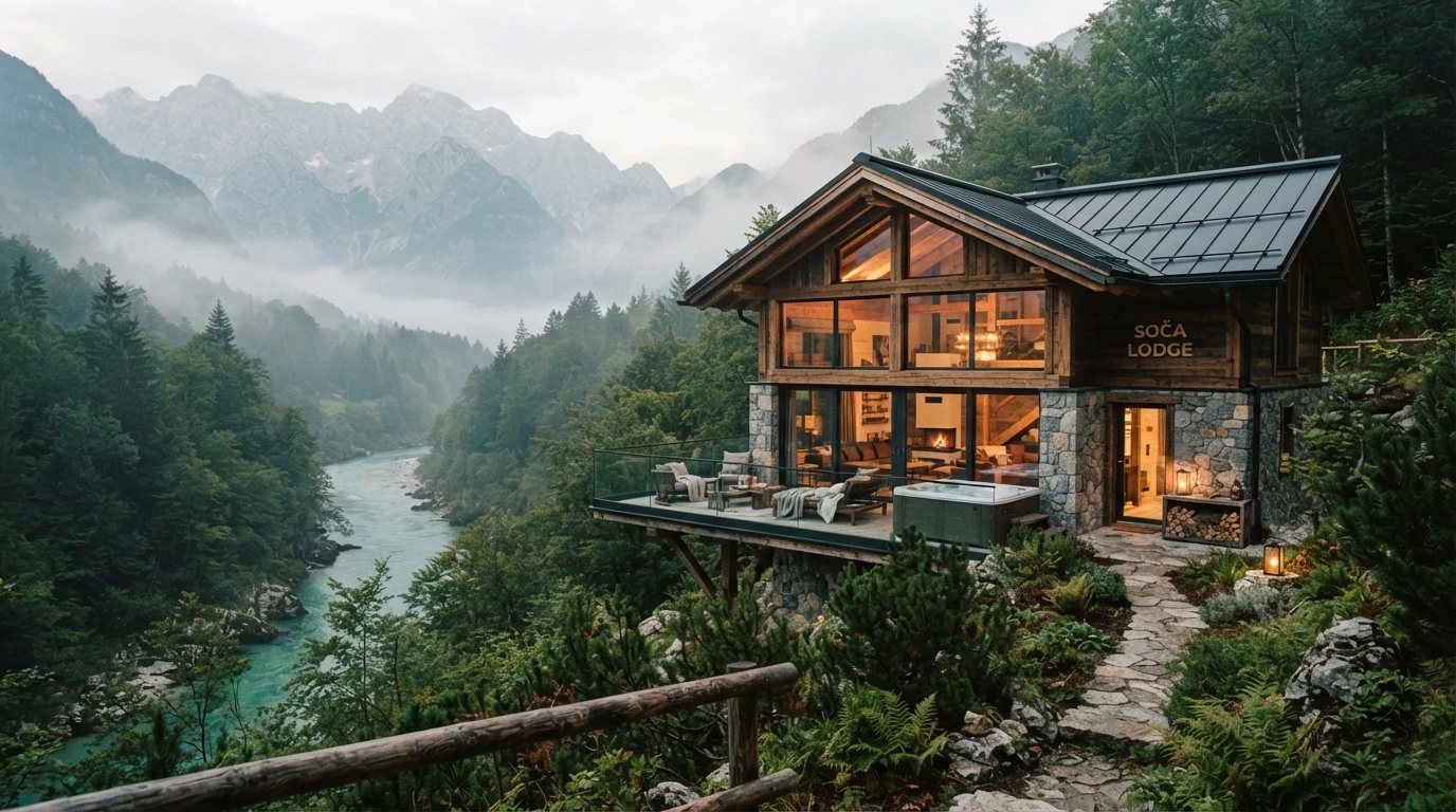 A timber and stone lodge on a wooded ledge above the Soča, the Julian Alps in mist behind it