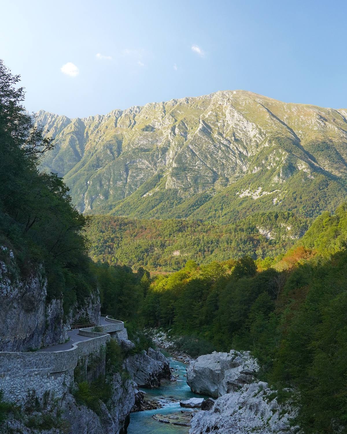 The river far below a limestone massif, the first beech turning on the slopes